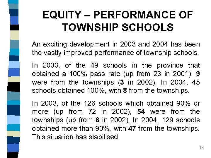 EQUITY – PERFORMANCE OF TOWNSHIP SCHOOLS An exciting development in 2003 and 2004 has