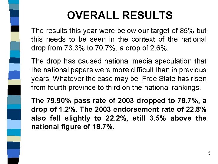OVERALL RESULTS The results this year were below our target of 85% but this