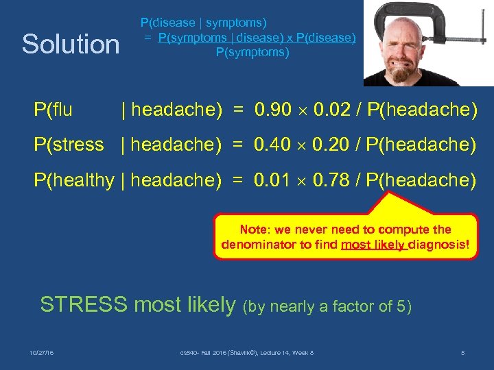 Solution P(flu P(disease | symptoms) = P(symptoms | disease) x P(disease) P(symptoms) | headache)