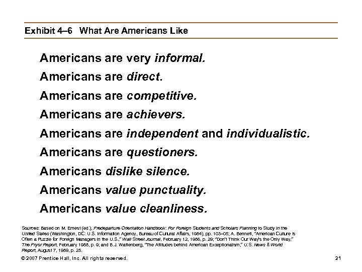 Exhibit 4– 6 What Are Americans Like Americans are very informal. Americans are direct.