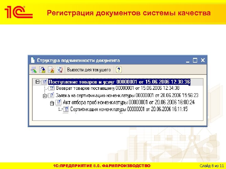 Регистрация документов системы качества 1 C: ПРЕДПРИЯТИЕ 8. 0. ФАРМПРОИЗВОДСТВО Слайд 8 из 11