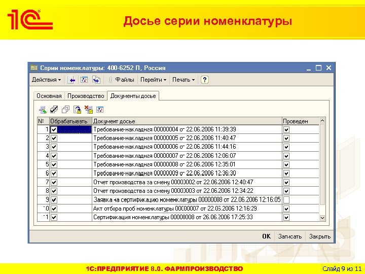 Досье серии номенклатуры 1 C: ПРЕДПРИЯТИЕ 8. 0. ФАРМПРОИЗВОДСТВО Слайд 9 из 11 