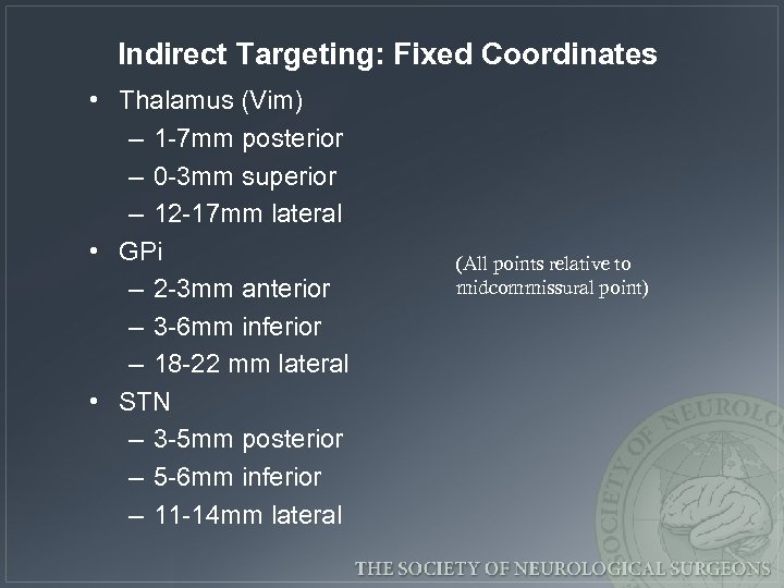 Indirect Targeting: Fixed Coordinates • Thalamus (Vim) – 1 -7 mm posterior – 0