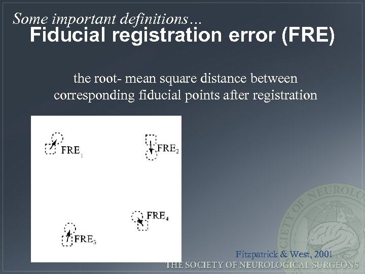 Some important definitions… Fiducial registration error (FRE) the root- mean square distance between corresponding