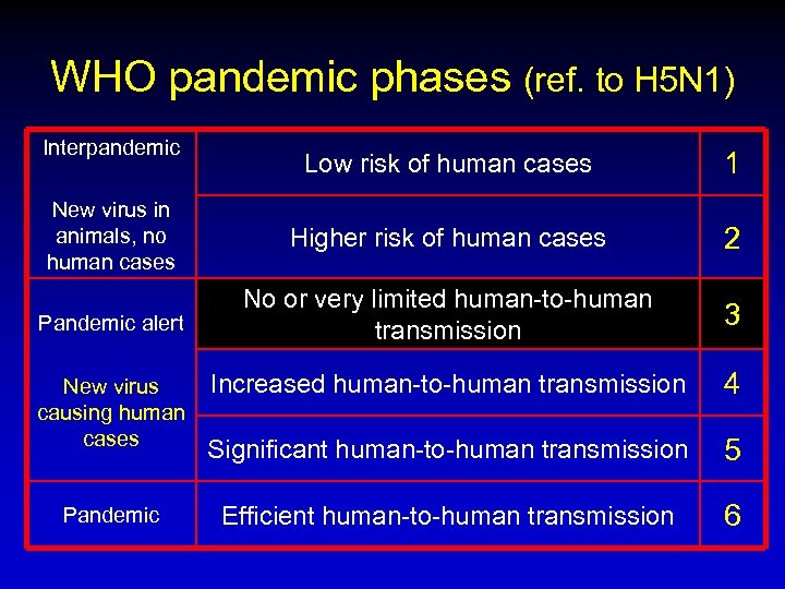 WHO pandemic phases (ref. to H 5 N 1) Interpandemic Low risk of human