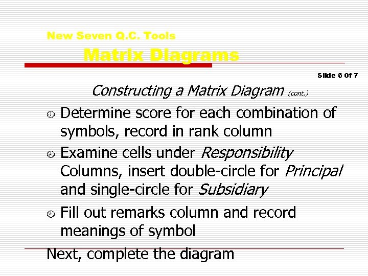 New Seven Q. C. Tools Matrix Diagrams Slide 6 0 f 7 ½ ¾