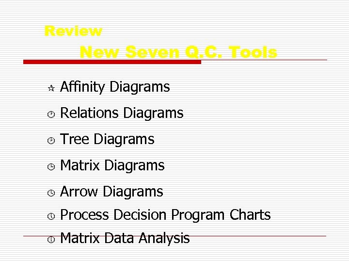 Review New Seven Q. C. Tools ¶ Affinity Diagrams · Relations Diagrams ¸ Tree