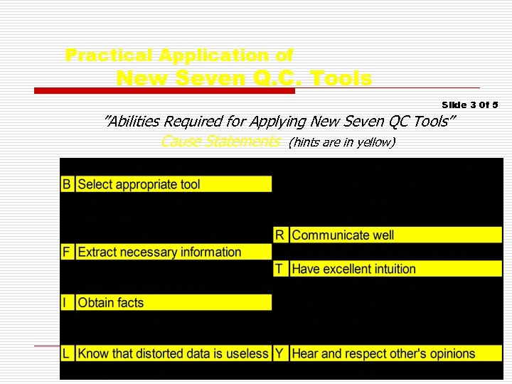 Practical Application of New Seven Q. C. Tools Slide 3 0 f 5 ”Abilities