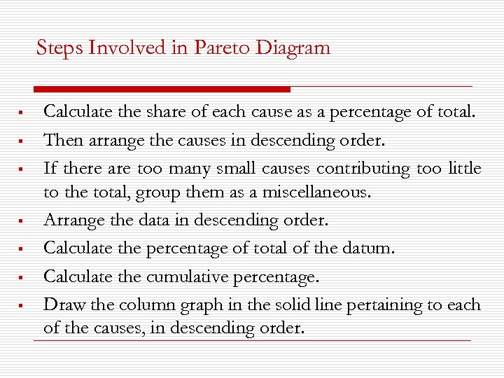 Steps Involved in Pareto Diagram § § § § Calculate the share of each