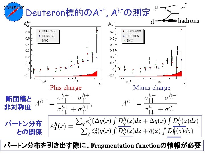 h+ h- Deuteron標的のA , A の測定 μ d Plus charge μ’ hadrons Miuus charge