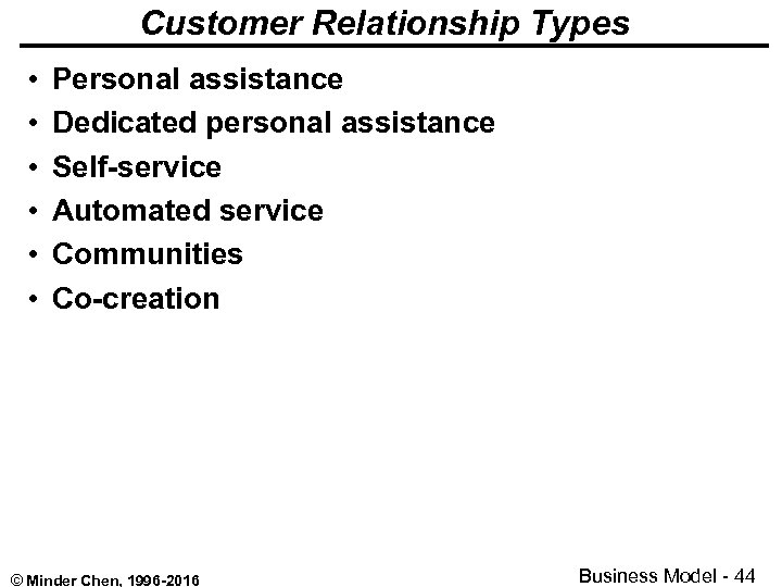 Customer Relationship Types • • • Personal assistance Dedicated personal assistance Self-service Automated service