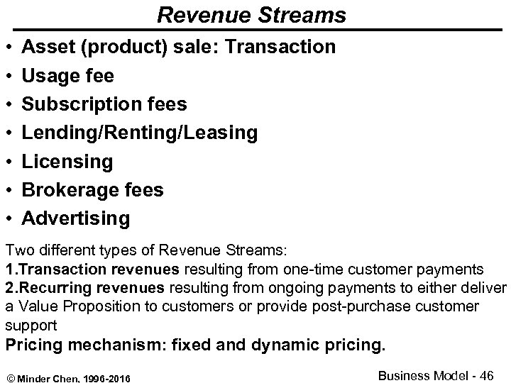 Revenue Streams • • Asset (product) sale: Transaction Usage fee Subscription fees Lending/Renting/Leasing Licensing