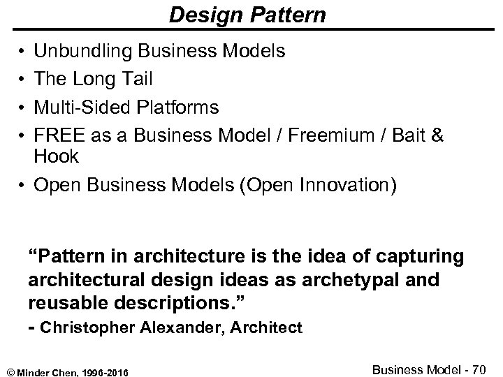 Design Pattern • • Unbundling Business Models The Long Tail Multi-Sided Platforms FREE as