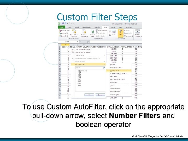 Custom Filter Steps To use Custom Auto. Filter, click on the appropriate pull-down arrow,