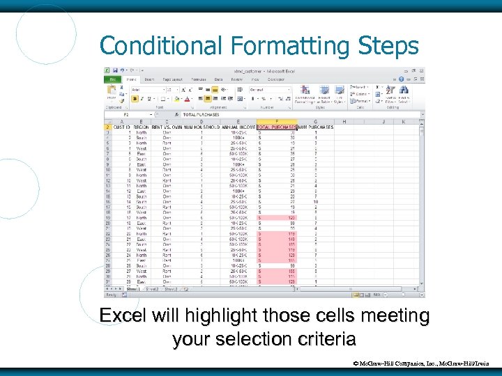 Conditional Formatting Steps Excel will highlight those cells meeting your selection criteria © Mc.