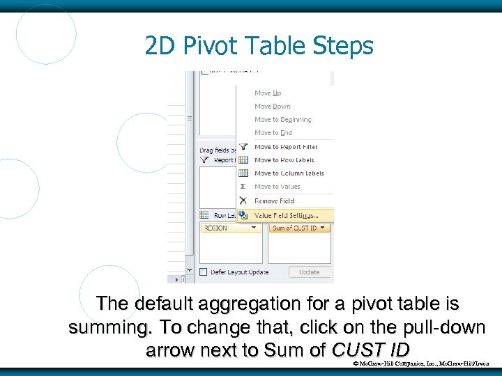 2 D Pivot Table Steps The default aggregation for a pivot table is summing.