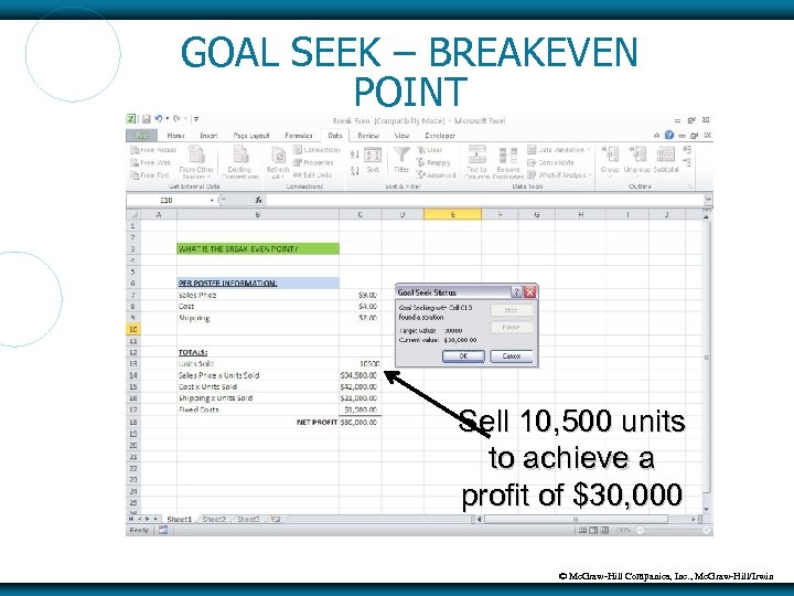 GOAL SEEK – BREAKEVEN POINT Sell 10, 500 units to achieve a profit of