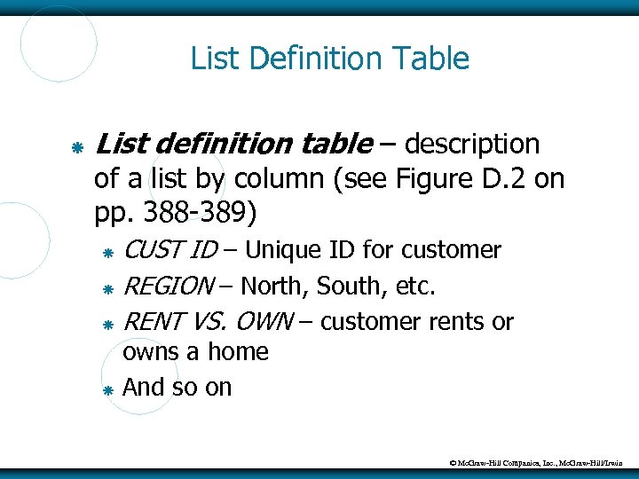 List Definition Table List definition table – description of a list by column (see
