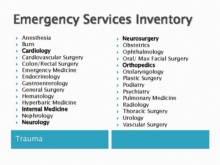 Emergency Services Inventory Anesthesia Burn Cardiology Cardiovascular Surgery Colon/Rectal Surgery Emergency Medicine Endocrinology Gastroenterology
