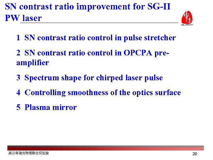 SN contrast ratio improvement for SG-II PW laser 1 SN contrast ratio control in