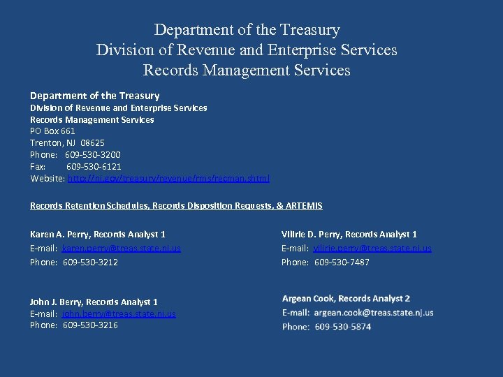 Department of the Treasury Division of Revenue and Enterprise Services Records Management Services PO