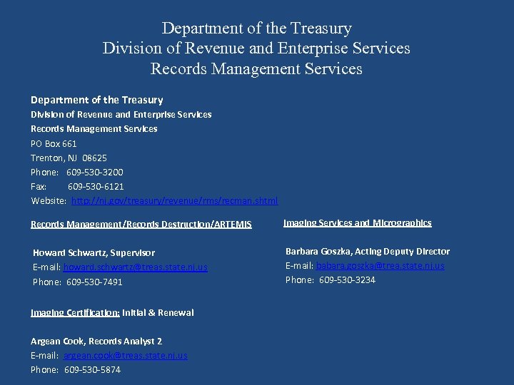 Department of the Treasury Division of Revenue and Enterprise Services Records Management Services PO