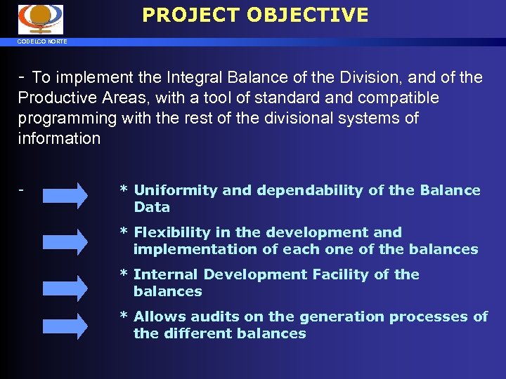 PROJECT OBJECTIVE CODELCO NORTE - To implement the Integral Balance of the Division, and