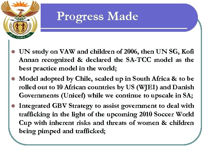 Progress Made UN study on VAW and children of 2006, then UN SG, Kofi