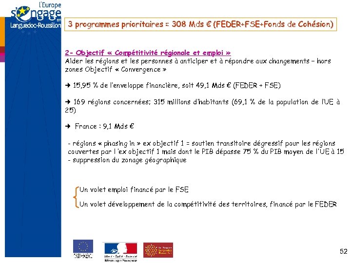 3 programmes prioritaires = 308 Mds € (FEDER+FSE+Fonds de Cohésion) 2 - Objectif «