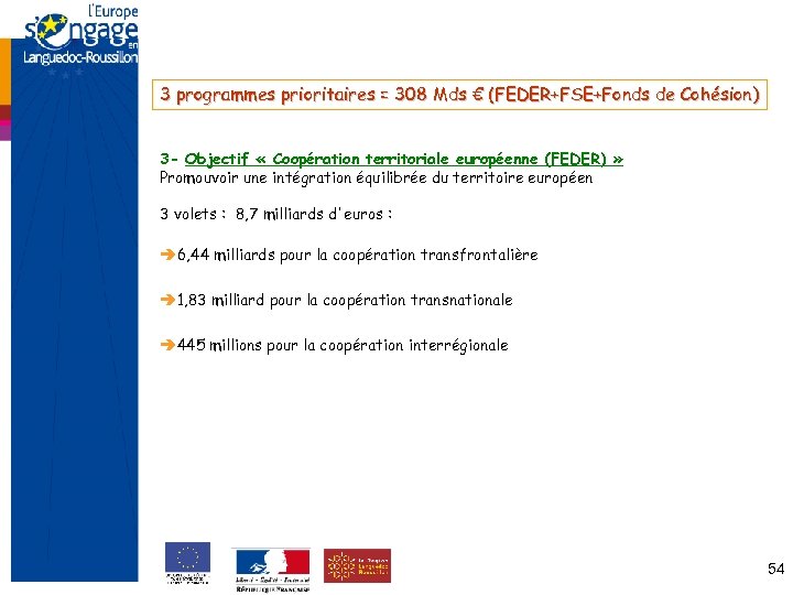 3 programmes prioritaires = 308 Mds € (FEDER+FSE+Fonds de Cohésion) 3 - Objectif «