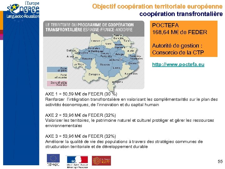 Objectif coopération territoriale européenne coopération transfrontalière POCTEFA 168, 64 M€ de FEDER Autorité de