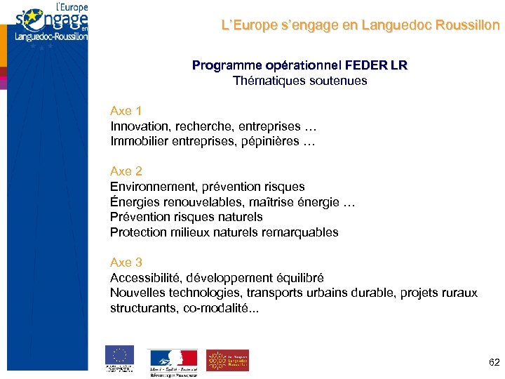 L’Europe s’engage en Languedoc Roussillon Programme opérationnel FEDER LR Thématiques soutenues Axe 1 Innovation,