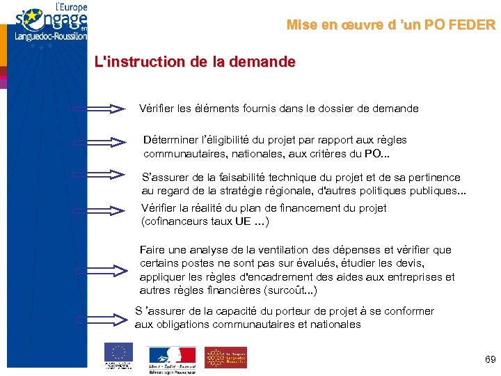 Mise en œuvre d ’un PO FEDER L'instruction de la demande Vérifier les éléments