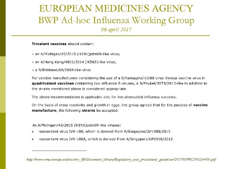 EUROPEAN MEDICINES AGENCY BWP Ad-hoc Influenza Working Group 06 april 2017 http: //www. ema.