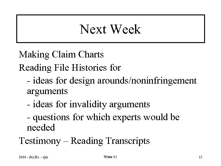 Next Week Making Claim Charts Reading File Histories for - ideas for design arounds/noninfringement