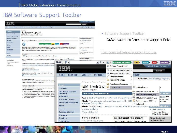 SWG Global e-business Transformation IBM Software Support Toolbar § Software Support Toolbar Quick access