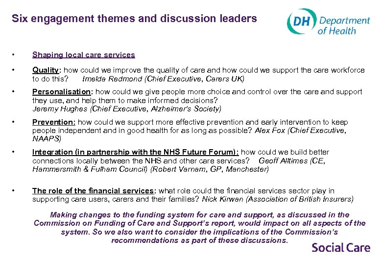 Six engagement themes and discussion leaders • Shaping local care services • Quality: how