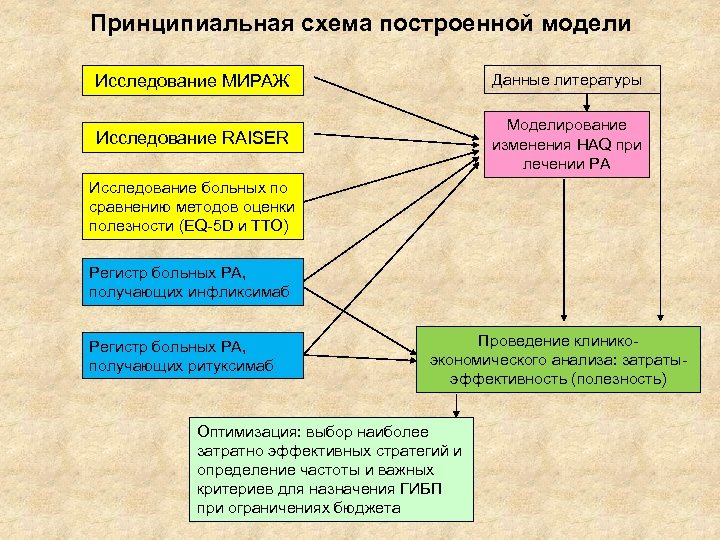 Принципиальная схема построенной модели Исследование МИРАЖ Данные литературы Исследование RAISER Моделирование изменения HAQ при