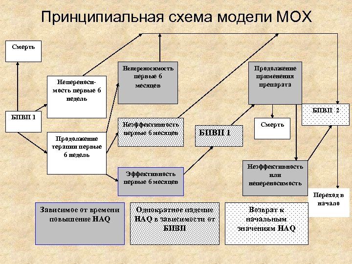 Принципиальная схема модели МОХ Смерть Продолжение применения препарата Непереносимость первые 6 недель первые 6