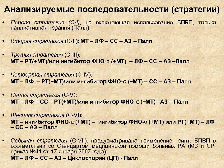 Анализируемые последовательности (стратегии) • • Первая стратегия (С-I), не включающая использование БПВП, только паллиативная