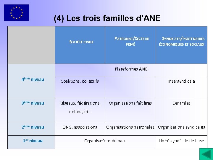 (4) Les trois familles d’ANE SOCIÉTÉ CIVILE PATRONAT/SECTEUR PRIVÉ SYNDICATS/PARTENAIRES ÉCONOMIQUES ET SOCIAUX Plateformes