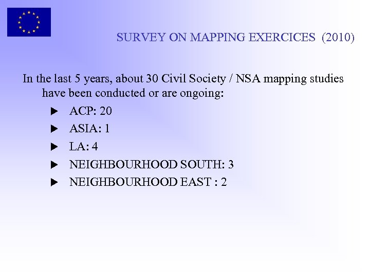 SURVEY ON MAPPING EXERCICES (2010) In the last 5 years, about 30 Civil Society