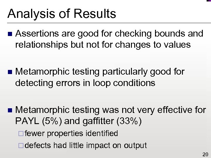 Analysis of Results n Assertions are good for checking bounds and relationships but not