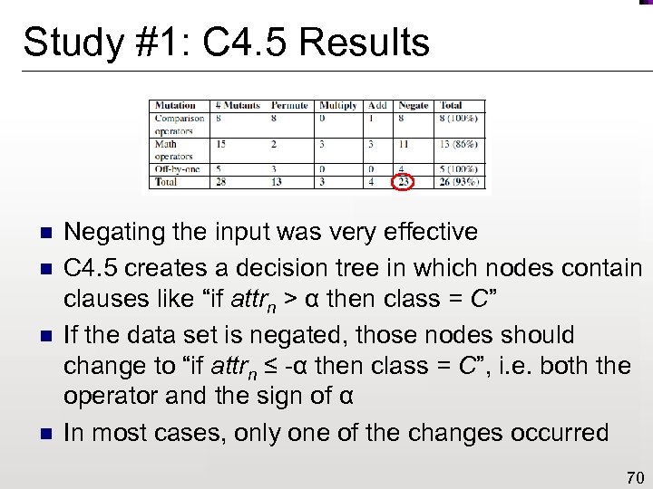 Study #1: C 4. 5 Results n n Negating the input was very effective