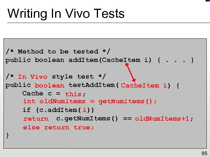 Writing In Vivo Tests /* Method to be tested */ public boolean add. Item(Cache.