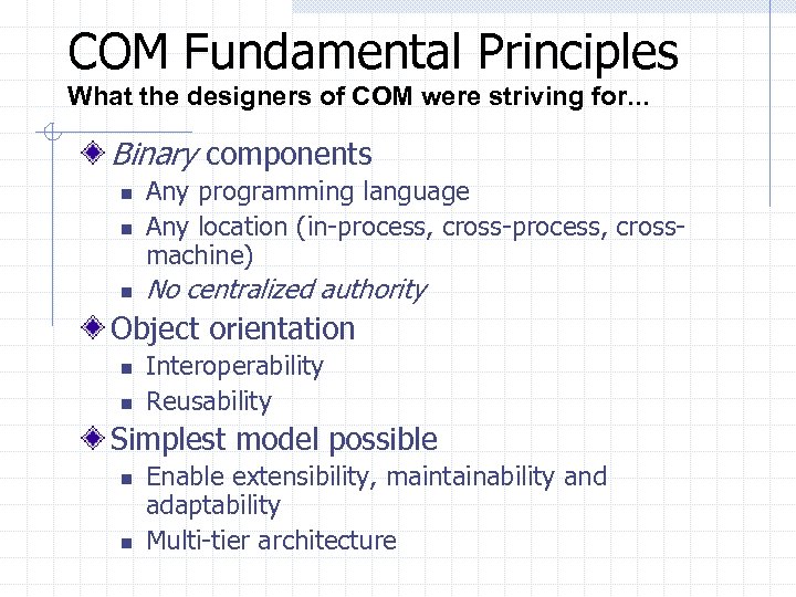 COM Fundamental Principles What the designers of COM were striving for. . . Binary