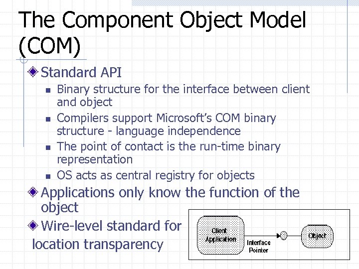 The Component Object Model (COM) Standard API n n Binary structure for the interface