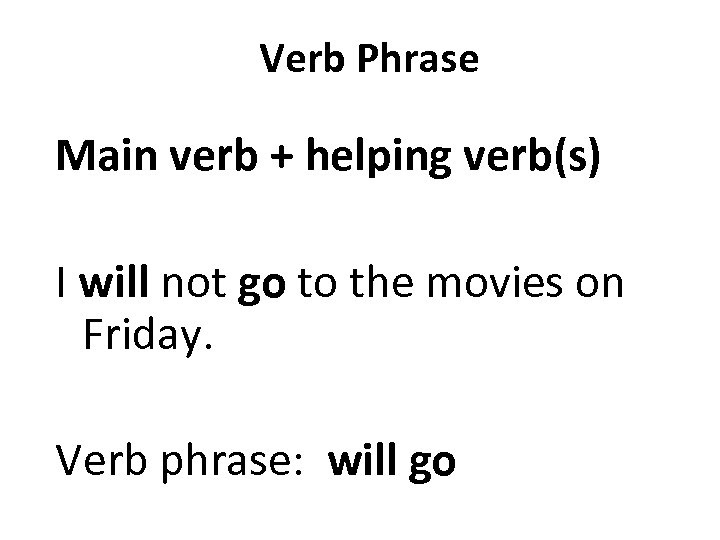 Verb Phrase Main verb + helping verb(s) I will not go to the movies