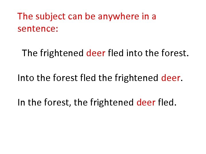 The subject can be anywhere in a sentence: The frightened deer fled into the