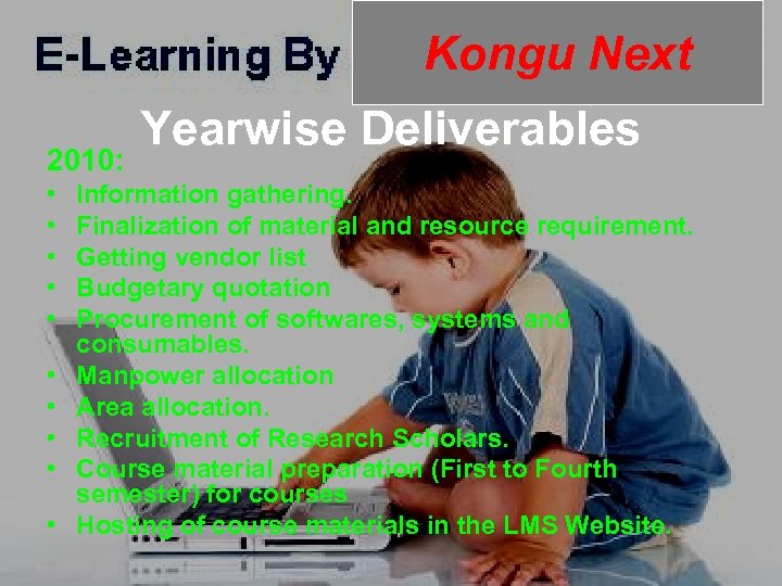 Kongu Next 2010: • • • Yearwise Deliverables Information gathering. Finalization of material and